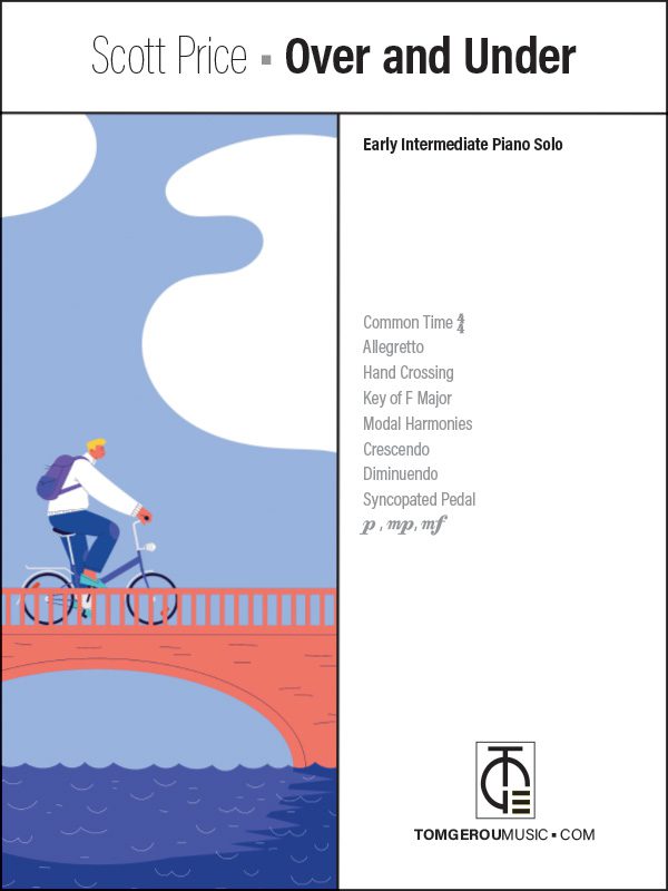 A man riding a bike across the bridge.