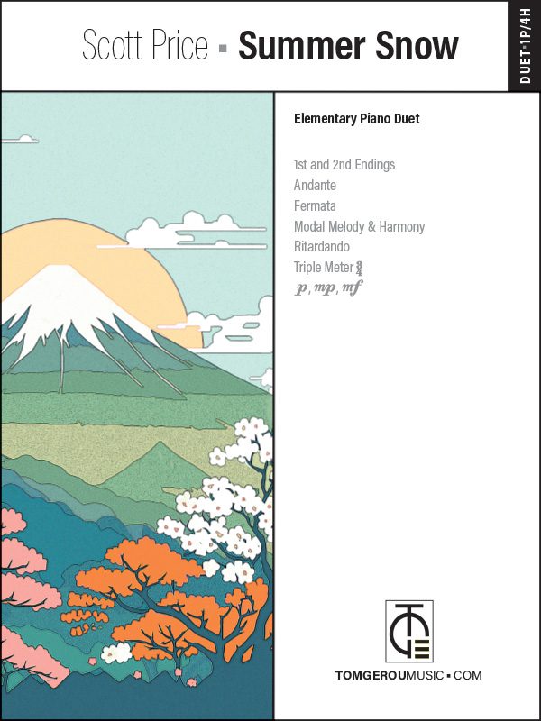 A poster with a mountain and trees in the background.