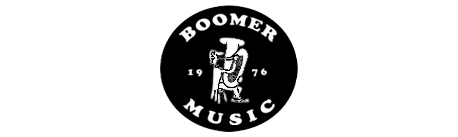 A black and white logo for boomer music.