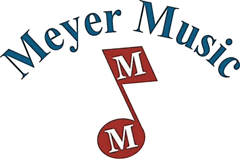 A green background with the words meyer music in blue and red.